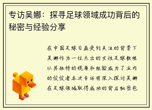 专访吴娜：探寻足球领域成功背后的秘密与经验分享